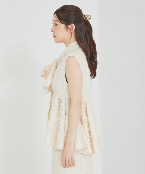 ブラウス シャツ 「セットアップ対応」リボン付きタックペプラムジャガードジレ 春服 夏服 レイヤード レディース SELFIST ブラウス シャツ 「セットアップ対応」リボン付きタック