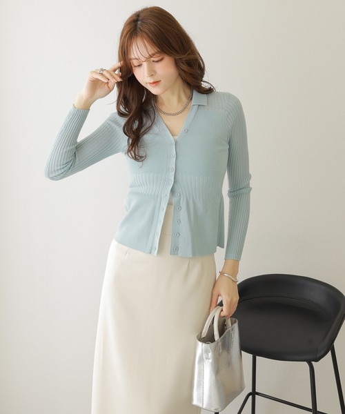 カーディガン sheer lib v neck knit cardigan /シアー リブ Vネック