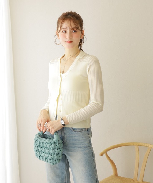 カーディガン sheer lib v neck knit cardigan /シアー リブ Vネック