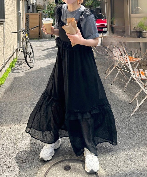 BLACK PEACE NOWフリル付き黒キャミソールワンピース 2color 】アシンメトリーフリルレイヤードレースキャミ
