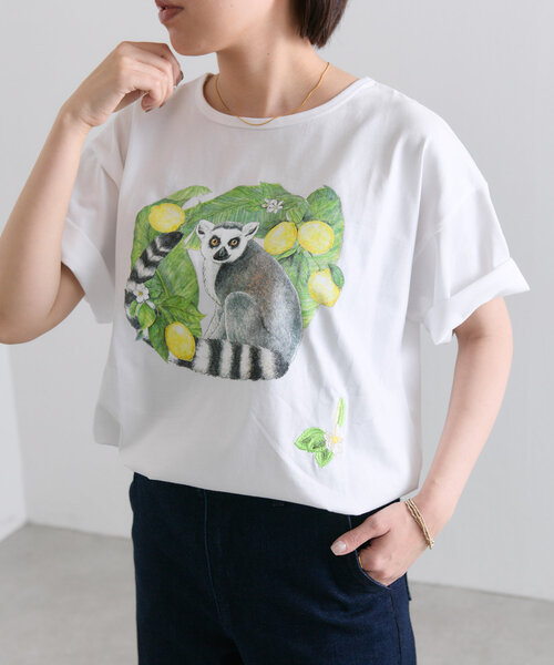 tシャツ sampo×ear ワオキツネザル/刺しゅうTシャツ レディース