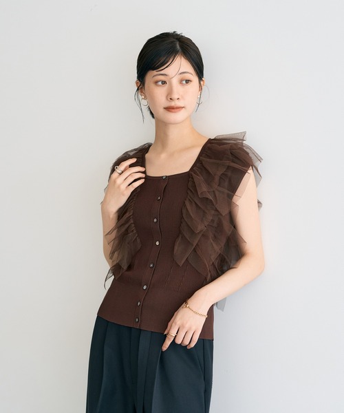 YECCA VECCA - チュールラッフルノースリーブカーディガン YECCA VECCA カーディガン チュールラッフルノースリーブ