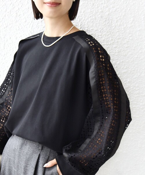 タグ付き　ビアズリー　レースコンビシャツ ブラウス　黒　コットン　洗える　日本製 BEARDSLEY（ビアズリー） tシャツ 割繊コンビプルオーバー レディース