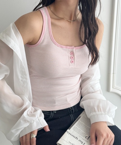 ✨CHANELタンクトップボーダーローズポケット✨ ❣️可愛い✨サマー特価✨ CLEA タンクトップ ノースリーブ カップ付きフロントボタンボーダー