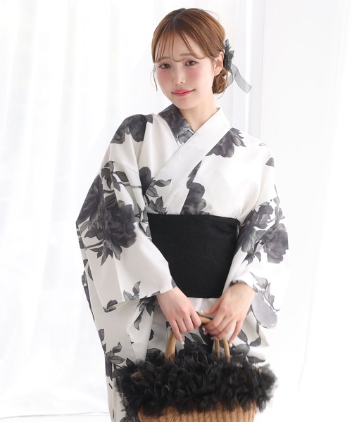 【完売商品】NICE CLAUPセパレート白地黒花柄浴衣・帯セットFREEサイズ one after another NICE CLAUP 浴衣 「1人で着られる」セパレート浴衣