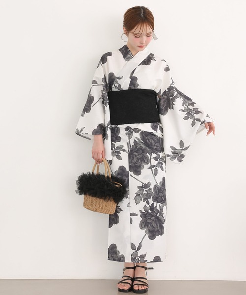 【完売商品】NICE CLAUPセパレート白地黒花柄浴衣・帯セットFREEサイズ one after another NICE CLAUP 浴衣 「1人で着られる」セパレート浴衣