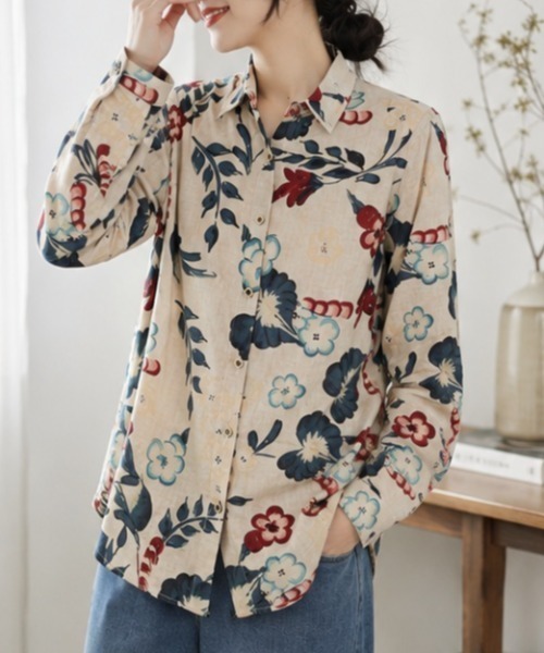 Vintage クッションカバー ブラウス ブラウス シャツ 夏 ヴィンテージフラワーシャツ レディース
