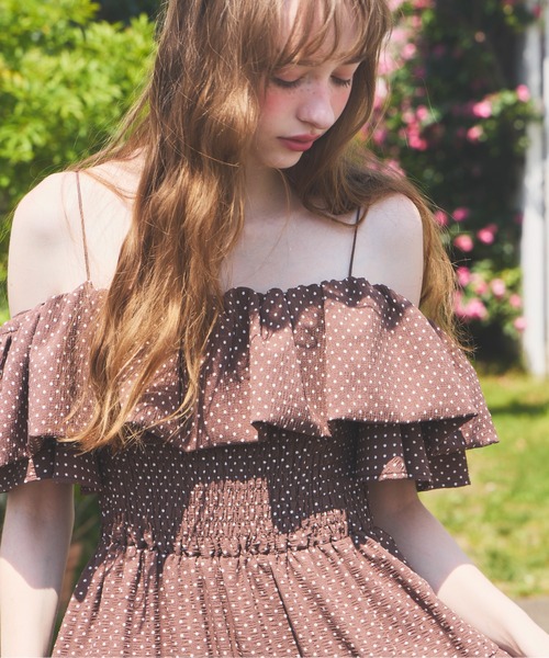 Heather（ヘザー） ワンピース 半袖 2WAYショルダーフリルワンピース