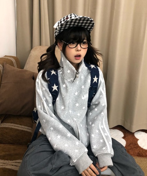 GEMEDA パーカー 選べる星の総柄裏起毛ジップパーカー レディース