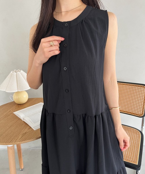 CLEA ワンピース ヘンリーネック ティアードロングノースリーブ