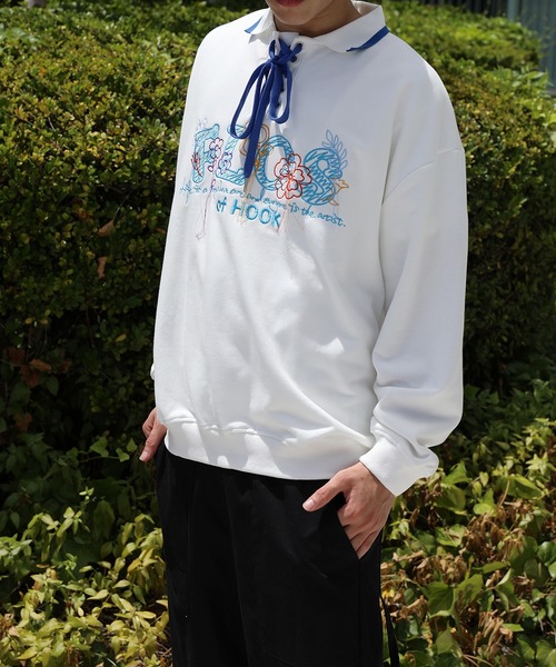 フック HOOK 【HOOK】アメカジ英字刺繍ポロ襟スウェット （ホワイト） フック HOOK 【HOOK】アメカジ英字刺繍ポロ襟スウェット