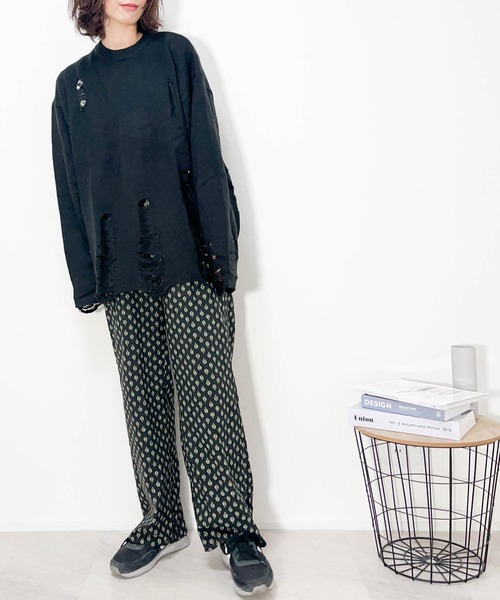 セーター ニット 5G アクリルバルキーニット ダメージ加工クルーネック メンズ レディース