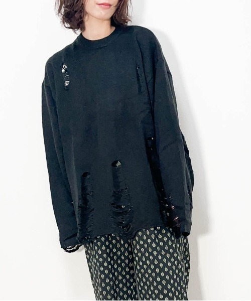 セーター ニット 5G アクリルバルキーニット ダメージ加工クルーネック