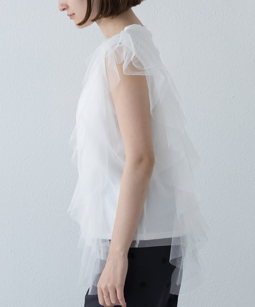 LAVEANGE tシャツ チュールフリルスリーブトップス レディース