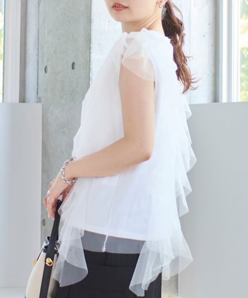 LAVEANGE tシャツ チュールフリルスリーブトップス レディース
