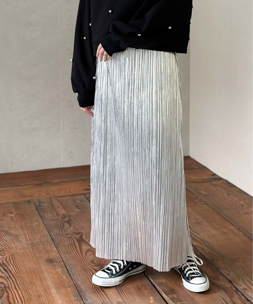 スカート メタリック箔カットソーランダムプリーツスカート レディース