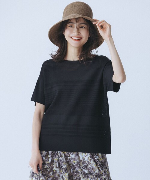 ニット セーター 「UVカット・洗える」クレープストレッチボーダー ニット レディース 自由区 ニット セーター 「UVカット・洗える」クレープ