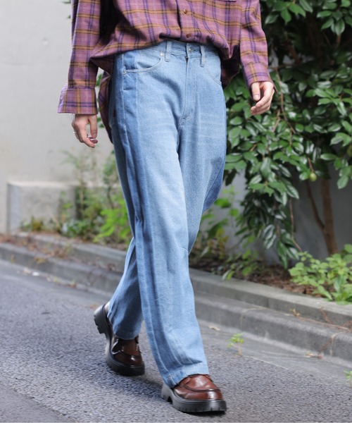 カーブシルエット デニム 2色 切替 ユニセックス 韓国 cr8134 DOUBLE NAME ジーンズ デニム デニムパンツ 濃淡切替カーブ