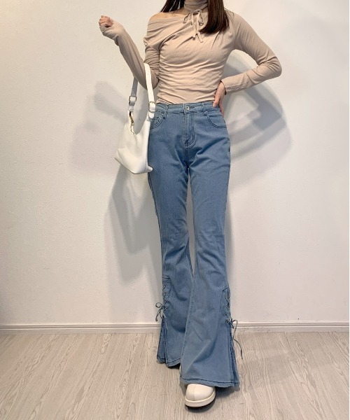 ジーンズ デニム デニムパンツ サイドリボンフレアデニム レディース