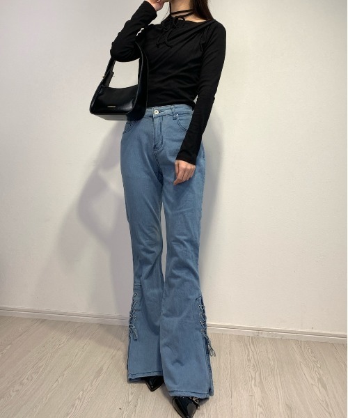 ジーンズ デニム デニムパンツ サイドリボンフレアデニム レディース ジーンズ デニム デニムパンツ サイドリボンフレアデニム レディース