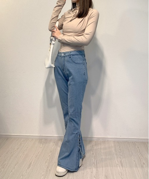 ジーンズ デニム デニムパンツ サイドリボンフレアデニム レディース