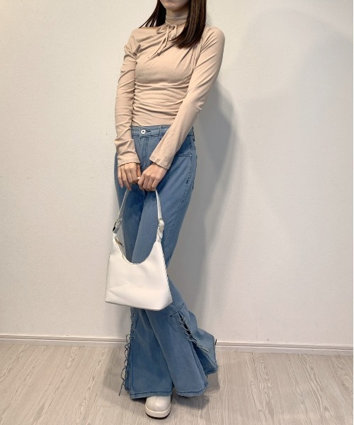 ジーンズ デニム デニムパンツ サイドリボンフレアデニム レディース