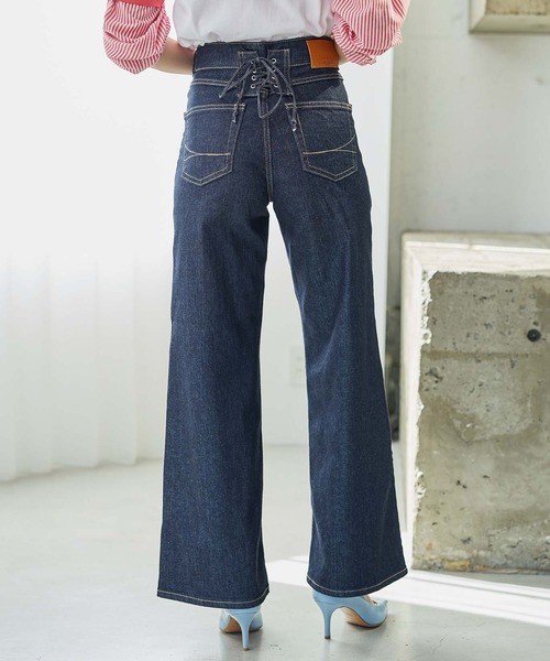 未使用　サムシング　LISA　レースアップ　ワイド　デニムパンツ　淡色ブルー　M 未使用 サムシング LISA レースアップ ワイド デニムパンツ 淡色