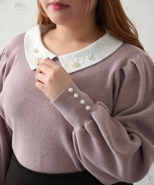 Louiosy【大きいサイズ】ビジュー付きカラーニットドッキングトップス XL Louiosy ニット セーター 「大きいサイズ」ビジュー付きカラー