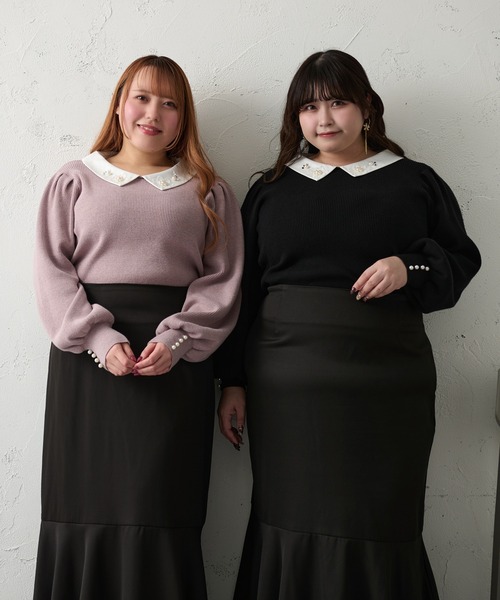ニット セーター 「大きいサイズ」ビジュー付きカラーニットドッキングトップス レディース