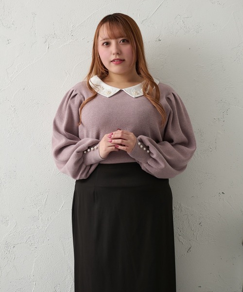 Louiosy【大きいサイズ】ビジュー付きカラーニットドッキングトップス XL Louiosy ニット セーター 「大きいサイズ」ビジュー付きカラー