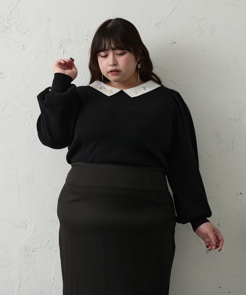 Louiosy ニット セーター 「大きいサイズ」ビジュー付きカラー