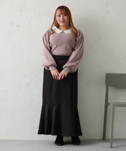 Louiosy【大きいサイズ】ビジュー付きカラーニットドッキングトップス XL Louiosy ニット セーター 「大きいサイズ」ビジュー付きカラー