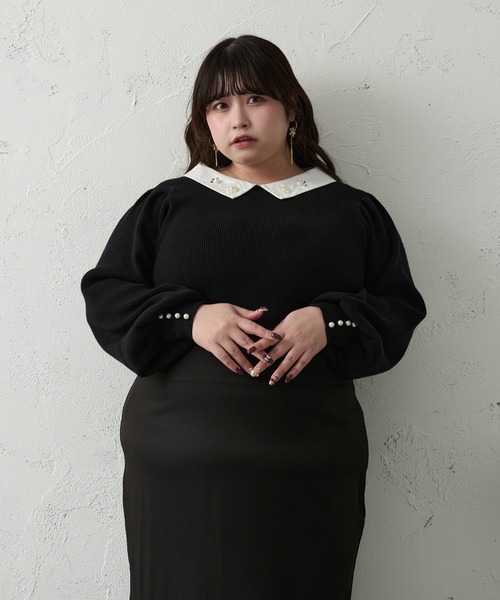 Louiosy【大きいサイズ】ビジュー付きカラーニットドッキングトップス XL Louiosy ニット セーター 「大きいサイズ」ビジュー付きカラー
