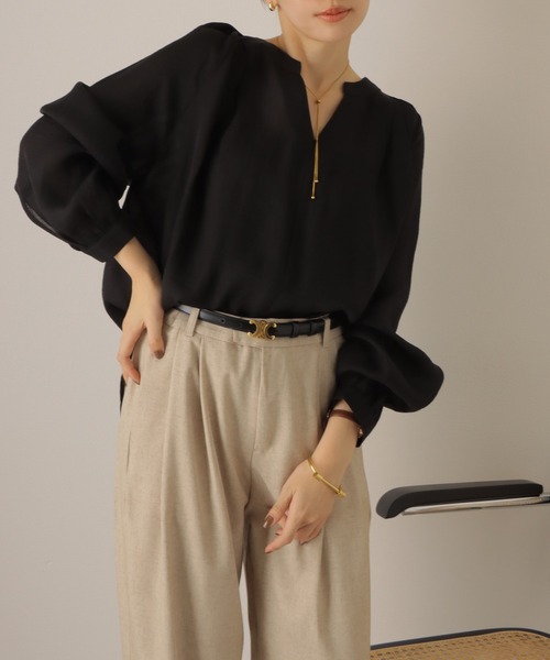 ブラウス シャツ washer skipper neck blouse /ワッシャー加工 スキッパー ネックブラウス レディース