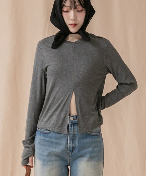tシャツ 「Nao Original」2WAYスリットカットソー/ブラック アイボリー グレー チャコ―ル ホワイト 韓国 フィンガーホール ミニマル HEILIS tシャツ 「Nao Original」2WAYスリットカットソー