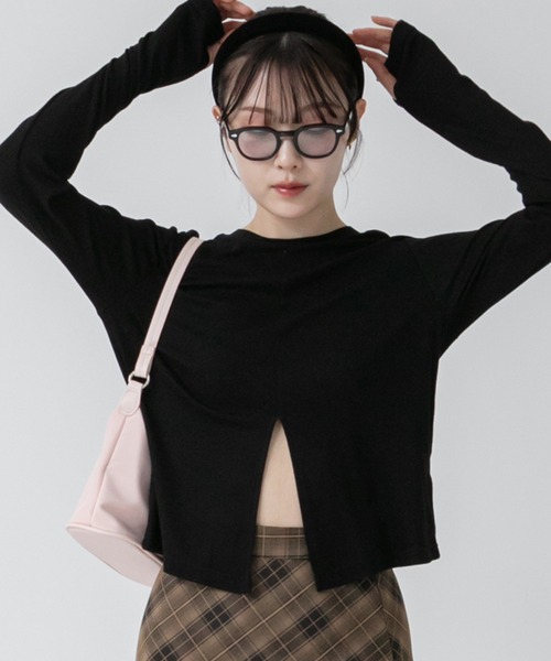 tシャツ 「Nao Original」2WAYスリットカットソー/ブラック アイボリー グレー チャコ―ル ホワイト 韓国 フィンガーホール ミニマル HEILIS tシャツ 「Nao Original」2WAYスリットカットソー