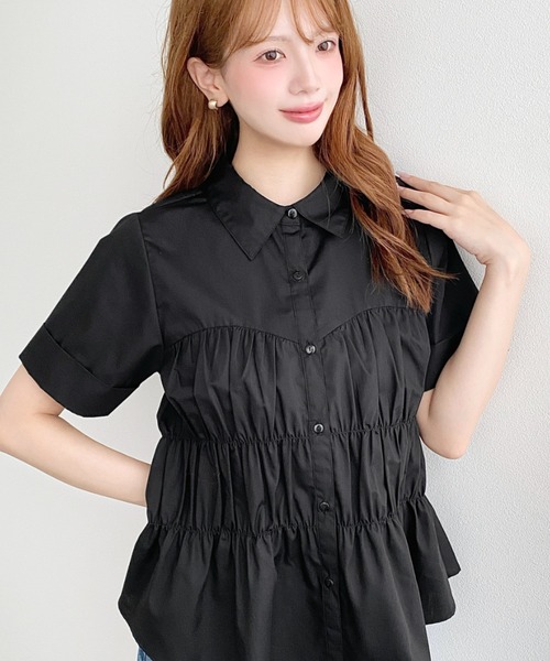 ラグビーシャツ ウェア レディース お洒落 トップス おしゃれ 新品 黒 半袖 moment+ ブラウス シャツ 夏 半袖 TCブロードシャーリングビスチェ