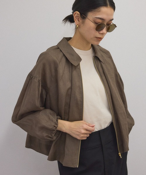 ‼️売約済‼️　ADAM ET ROPE'　ジップアップシャツブルゾン（カーキ） セール】【環境配慮】ナイロンコンビペプラムジップカーディガン