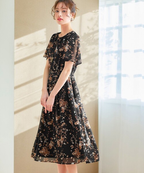 花柄 シフォン 半袖 ワンピース ブラック Tiaclasse ワンピース 半袖 大花柄シフォンワンピース : ZOZOTOWN
