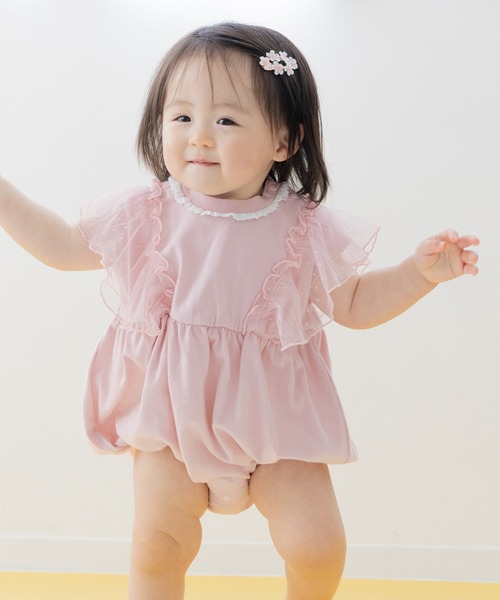 半袖ロンパース chil2 ベビー服 ロンパース 肩レースフリル 半袖ロンパース