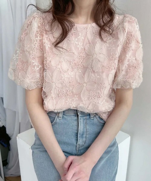 Girly Doll ブラウス シャツ 花柄刺繍半袖ブラウス レディース