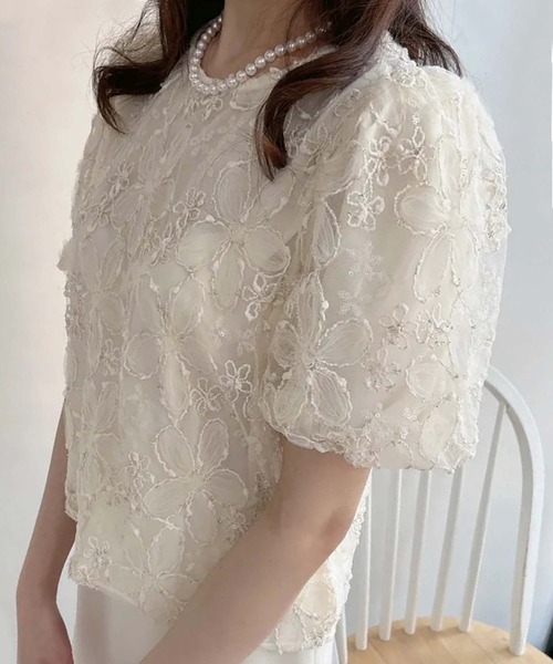 Girly Doll ブラウス シャツ 花柄刺繍半袖ブラウス レディース