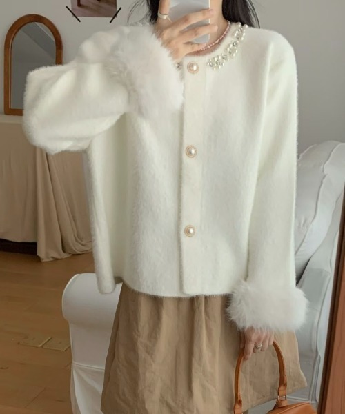 Aelina カーディガン パール付きニットカーディガン レディース