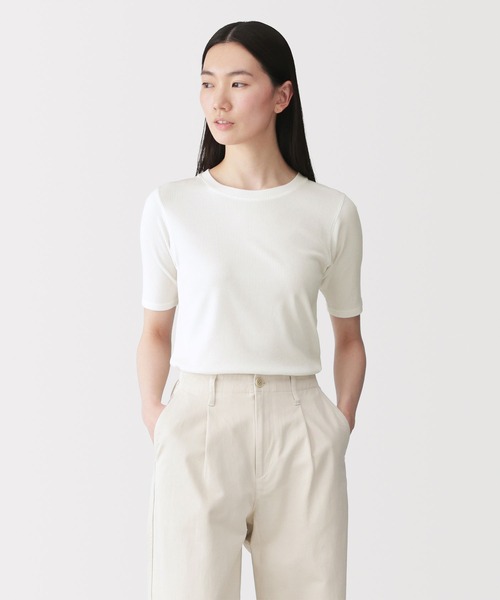 無印良品（MUJI） tシャツ 婦人 なめらかリブ編みクルーネック五分袖T