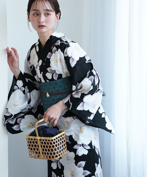 utatane 浴衣 浴衣3点セット 黒地に透きとおる椿 レディース