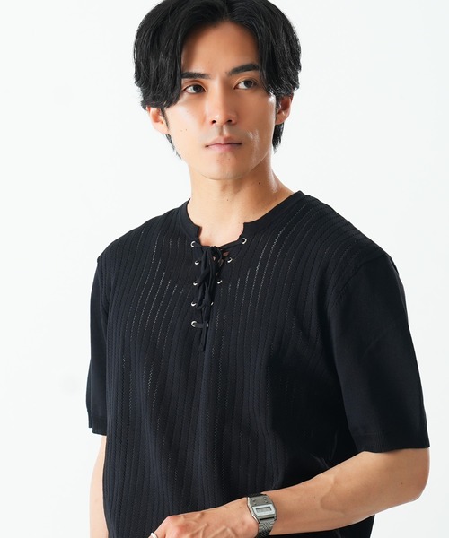 Beno（ビーノ） ヘンリーネック tシャツ レースアップニットTEE メンズ