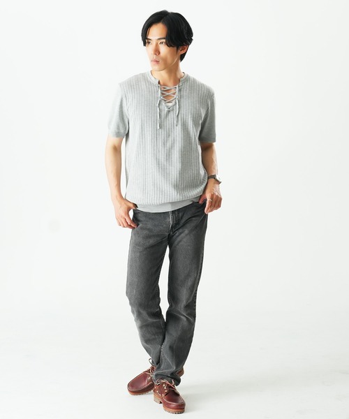 Beno（ビーノ） ヘンリーネック tシャツ レースアップニットTEE メンズ