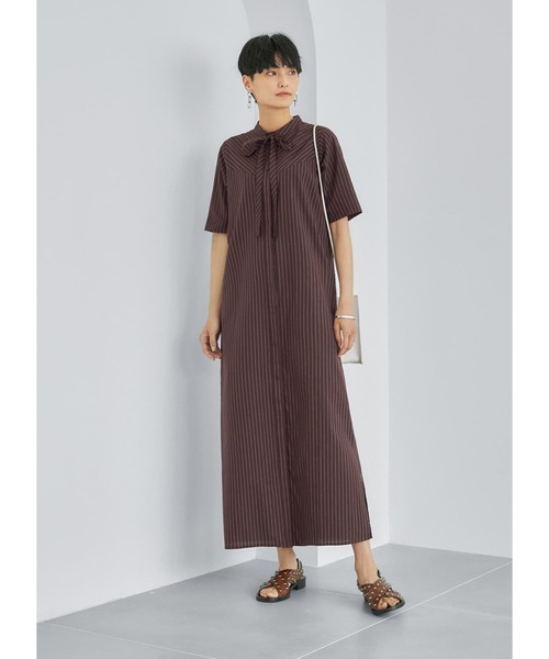 BPN ブラウンと黒のストライプ 半袖ワンピース STYLE DELI（スタイルデリ） ワンピース 半袖 ストライプ柄リボンタイ
