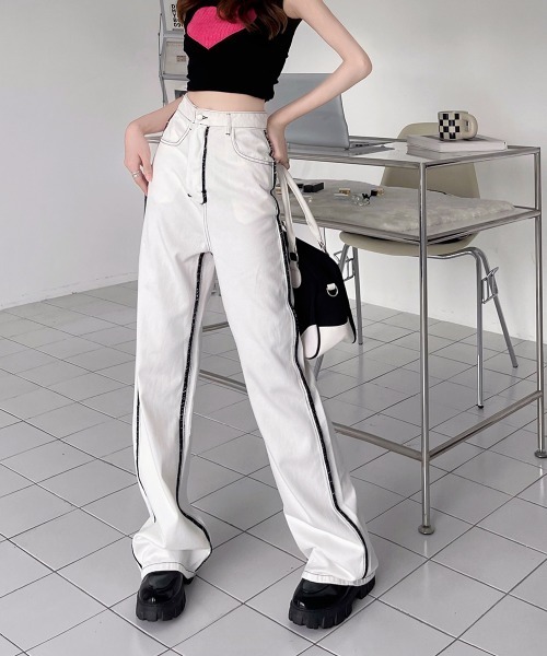 by muni:r パンツ ラインステッチセミワイドパンツ レディース