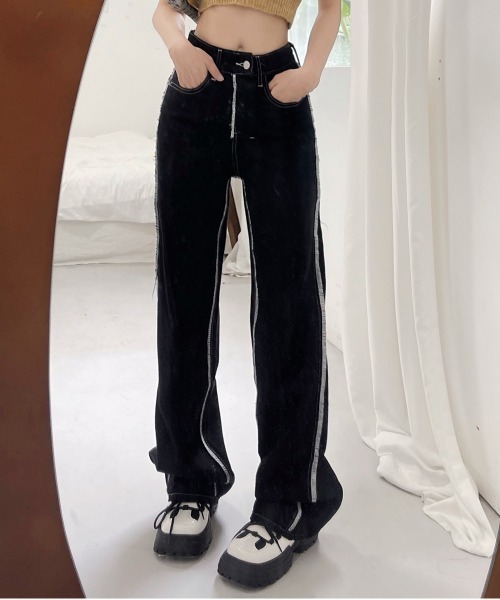 by muni:r パンツ ラインステッチセミワイドパンツ レディース